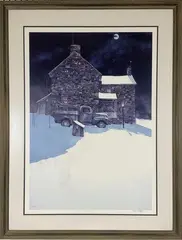 Winter Moonlit Landscape with Stone Farmhouse by Peter Sculthorpe, Lithograph, sold Dec 2024