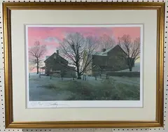 Farmstead and Outbuildings at Sunset by Peter Sculthorpe, Lithograph, sold Jan 2025