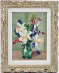 Daffodils, Grapes, Hyacinth by Marguerite Stuber Pearson, Oil on board, sold Feb 2025
