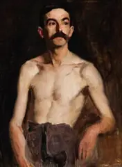 (Nude Study – Male Model With Moustache, Half-Draped, Front View) by Hugh Ramsay, oil on canvas on board, sold Nov 2016