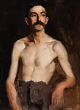 (Nude Study – Male Model With Moustache, Half-Draped, Front View) by Hugh Ramsay, oil on canvas on board, sold Nov 2016