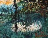 Pond At Dusk Near Black Mountain by John Perceval, 1965, oil on board, offered Sep 2016