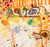 Kitchen, Influenced By Flowers by John Olsen, watercolour and pastel on paper, sold May 2016