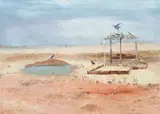 Wimmera Landscape With Waterhole, Birds And Shelter by Arthur Boyd, c.1950, oil and tempera on composition board, sold May 2016