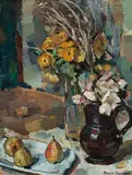Still Life With Flowers And Pears by Bessie Davidson, oil on cardboard, sold May 2016