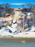 Shoalhaven; Hillside With Rocks And Man In Boat by Arthur Boyd, oil on composition board, sold May 2016