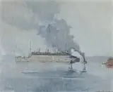 THE GREY GHOST (RMS QUEEN MARY), SYDNEY HARBOUR, c.1940 – 43 by Julian Howard Ashton, oil on plywood, offered May 2016