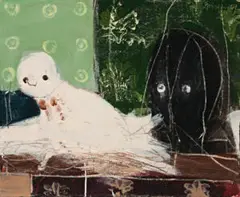 Small Owl And Mask by Peter Godwin, 2009, tempera on canvas on board, sold May 2016