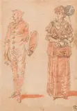 Pierrot et femme de la commedia dell’arte by Claude Gillot, Plume et encre noire, lavis de sanguine, sold Mar 2025