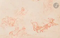 Le Loup déguisé en berger by Jean-Antoine Watteau, vers 1710, Sanguine, sold Mar 2025