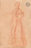 Étude de La Polonaise en pied by Jean-Antoine Watteau, Sanguine sur traits de crayon noir, sold Mar 2025