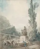 Sans-culottes s’abreuvant à la fontaine de la liberté by Hubert Robert, Aquarelle, plume et encre noire, sold Mar 2025
