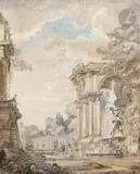 Caprice architectural animé by Giovanni Paolo Panini, Plume et encre grise, lavis gris, aquarelle bleue sur traits de crayon noir, sold Mar 2025