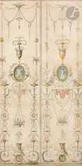 Deux projets de décors de boiserie by Etienne Vallée, Aquarelle, plume et encre noire sur plusieurs feuilles, sold Mar 2025