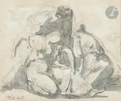 Un montage comprenant deux dessins : Une scène de deuil et une femme assise à gauche une autre étude de femme portant un tambour by Jacques-Louis David, Lavis gris sur traits de crayon noir, sold Mar 2025