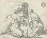 Un montage comprenant deux dessins : Une scène de deuil et une femme assise à gauche une autre étude de femme portant un tambour by Jacques-Louis David, Lavis gris sur traits de crayon noir, sold Mar 2025