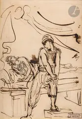 Othello et Desdémone by François Gérard, Plume, encre brune et lavis brun sur traits de crayon noir, sold Mar 2025