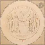 Projet de médaille : « hommage rendu au courage/accueil fait par la nation française aux braves polonais/en décembre MDCCCXXXI by Jean-Bernard Duvivier, Plume et encre brune, lavis brun sur traits de crayon noir et légers rehauts de gouache bl, sold Mar 2025