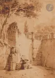 Lavandière à la fontaine by Guillaume Frédéric Ronmy, Lavis de sépia sur traits de crayon noir, sold Mar 2025