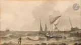 Marine by Charles Louis Mozin, Plume, encre noire et lavis gris sur traits de crayon noir, sold Mar 2025