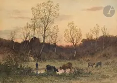 Troupeau s’abreuvant près des ruines du château de Hérisson by Henri Harpignies, 1874, Aquarelle sur traits de crayon noir, sold Mar 2025