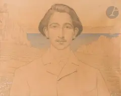 Portrait de Charles Dumas dans un paysage symboliste by Alexandre Séon, 1881, Crayon noir, esquisse de sanguine, et rehauts de crayons de couleurs sur papier beige, sold Mar 2025