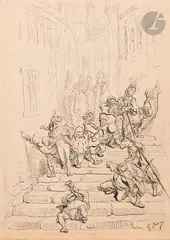 Après boire by Gustave Doré, Plume, encre brune et noire sur traits de crayon noir, sold Mar 2025