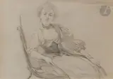 Portrait de Madame Valdey de la Comédie Française by Georges Clairin, 1895, Crayon noir sur papier gris, sold Mar 2025