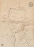 Jeune femme au chapeau by Pierre Bonnard, vers 1919, Crayon noir, sold Mar 2025