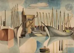 Navires dans le port by Roger Bissière, Aquarelle, sold Mar 2025