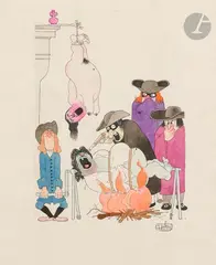 Sans légende pour Les Embarras de Paris de Nicolas Boileau-Despréaux by Albert Dubout, Encre de Chine et aquarelle, sold Mar 2025