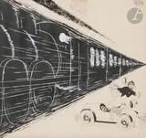 Marguerite ! En bas sous le carton à chapeaux, il y a le frein à pied ! by Albert Dubout, Encre de Chine et rehauts de gouache blanche, sold Mar 2025