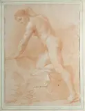 Académie d'homme by Étienne Parrocel, Sanguine et rehaut de craie blanche (Plis, taches, sold Oct 2022