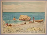 Élégante en maillot rouge sur une plage de galets by Tony Minartz, Aquarelle, sold Jun 2022