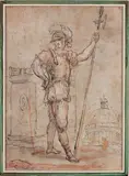 Hallebardier by Hubert Robert, Plume, sanguine et pierre noire, sold Oct 2019