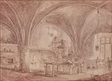 Cuisine dans une salle voûtée by Hubert Robert, Sanguine, sold Oct 2019