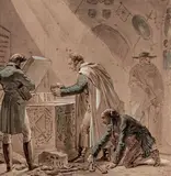 Vivant Denon replaçant dans son tombeau les ossements du Cid by Alexandre-Évariste Fragonard, Plume et aquarelle, sold Oct 2019