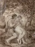 Daphnis et Chloé by Achille Devéria, 1821, Crayon noir, lavis brun et rehauts de blanc, sold Oct 2019