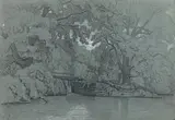 Paysage à Segré by Théodore Caruelle d'Aligny, Crayon noir, craie blanche sur papier bleu-vert, sold Oct 2019