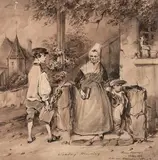 Sunday morning by Henry Monnier, 1833, Plume, crayon, lavis de sépia, sold Oct 2019