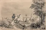 Vue de village en Algérie by Prosper Barbot, 1845, Crayon noir, rehaut de blanc, sold Oct 2019