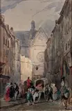 Paris, l'église Saint-Eustache et la rue des Prouvaires by Camille Roqueplan, 1827, Gouache aquarellée, sold Oct 2019