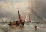 Voiliers de pêche en vue de Saint Michael's Mount, Cornouailles by Louis Antoine Garneray, Aquarelle rehaussée de gouache, sold Oct 2019