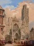 Rouen la cathédrale, L'entrée du cardinal de Richelieu by Théodore Henri Mansson, Aquarelle gouachée, sold Oct 2019