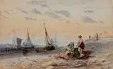 Femmes de pêcheurs sur la plage by Antoine Désiré Héroult, Aquarelle gouachée, sold Oct 2019