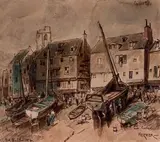 Caen, le port by Adolphe Hervier, 1874, Lavis et aquarelle sur traits d'encre, sold Oct 2019