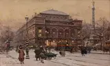 Paris, neige au théâtre du Châtelet by Eugène Galien-Laloue, Gouache, sold Oct 2019