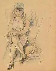 Jeune fille assise au chien by Jules Pascin, Plume, encre de chine et aquarelle; timbre de la signature en bas à droite, sold Feb 2020