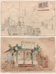 Deux feuillets sur le même montage: une place animée à Rome, «Anacreontica by Auguste-Xavier Leprince, Crayon noir, plume et encre brune et aquarelle, sold Dec 2019