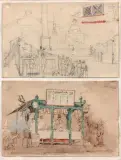 Deux feuillets sur le même montage: une place animée à Rome, «Anacreontica by Auguste-Xavier Leprince, Crayon noir, plume et encre brune et aquarelle, sold Dec 2019
